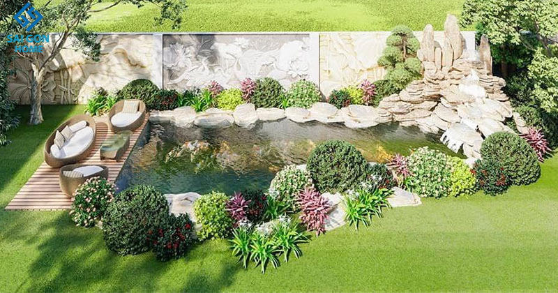 bố trí quanh hồ cùng với những cây xanh và một vài loại cây hoa